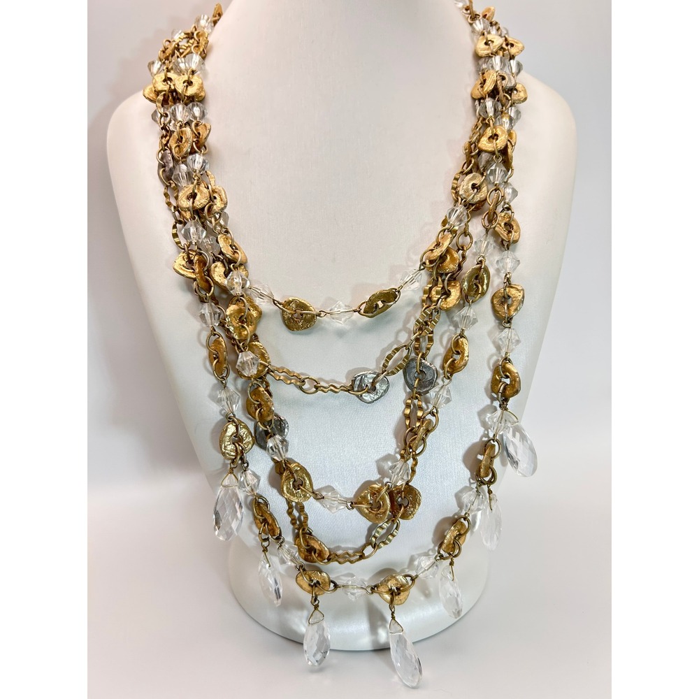 Chico's Multi Strand Necklace Women OS Gold Clear Good Hammered Crystal Tiered